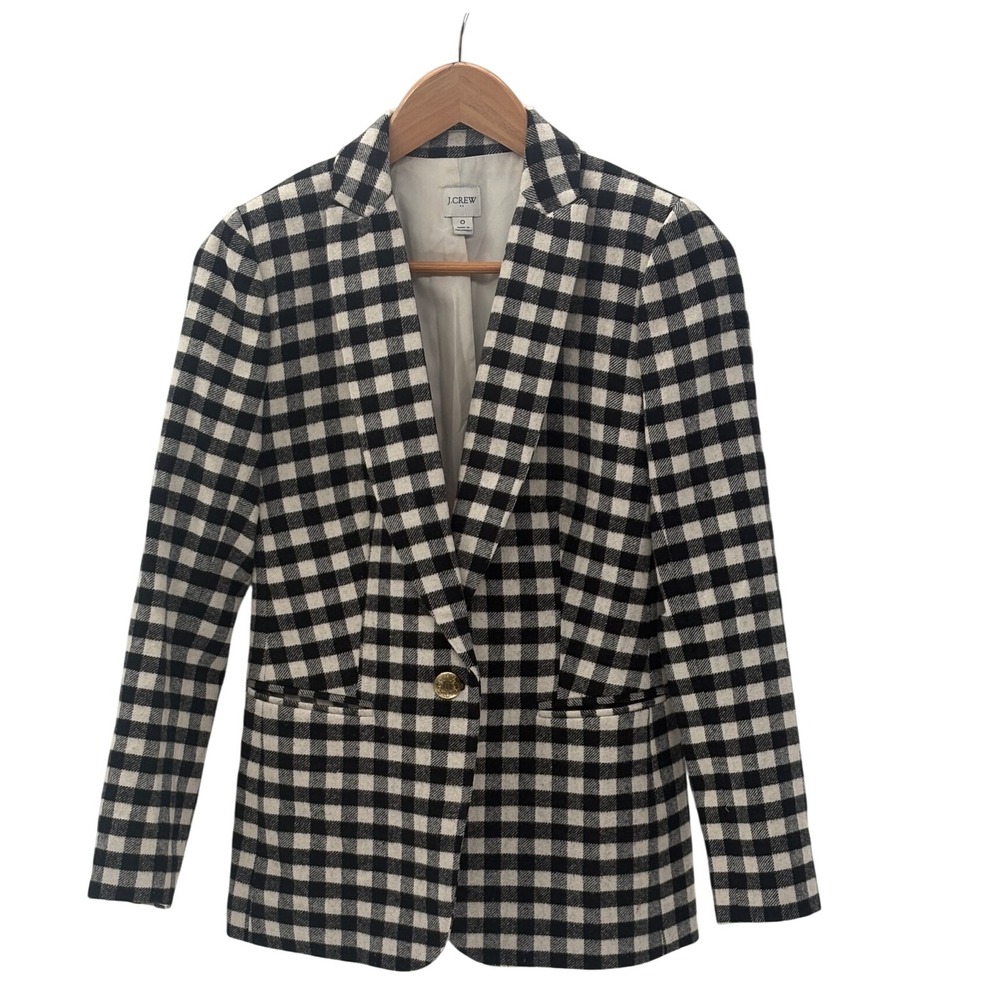 J. Crew Blazer Buffalo Plaid Check Black White Wool Gingham Women 0 Old Money
